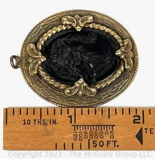 Victorian Black Jet or Glass & Brass Cameo Mourning Locket. 2" tall.