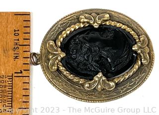 Victorian Black Jet or Glass & Brass Cameo Mourning Locket. 2" tall.