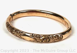 Steel Reinforced Victorian 10k Gold Ornate Repousse Hinged Bangle Bracelet. Total Weight 17.4g (Note: Information added to description Feb 28, 12:58pm ET)