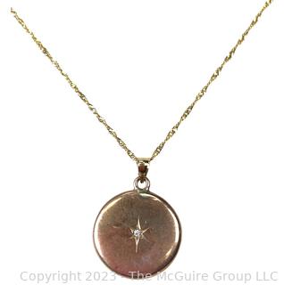 Victorian 14k Gold Locket with Diamond on 14kt Gold Chain.  5.8g 