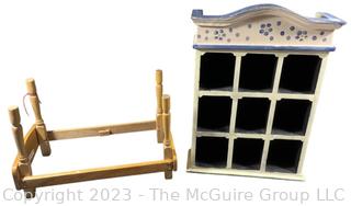 White Painted Shelf with Cubby Holes and Wood Miniature Doll House Bed Frame.