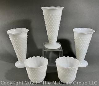 Five (5) White Hobnail Milk Glass Vases. 