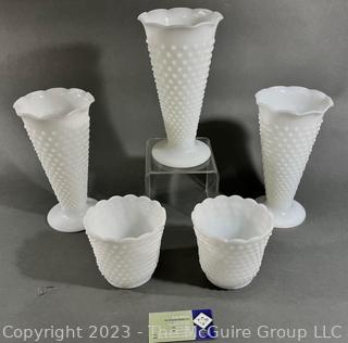 Five (5) White Hobnail Milk Glass Vases. 