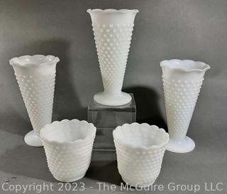 Five (5) White Hobnail Milk Glass Vases. 