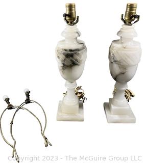 Pair of Carved White Alabaster Marble Table Lamps. 