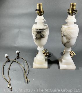 Pair of Carved White Alabaster Marble Table Lamps. 