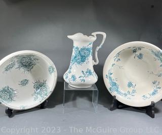 Three (3) Piece Green and White Porcelain Transferware Wash Basin and Pitcher Set. 