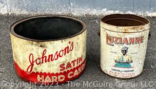 Two (2) Vintage Tins Including Johnsons Satin Hard Candy and Luzianne Coffee.