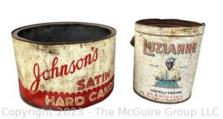 Two (2) Vintage Tins Including Johnsons Satin Hard Candy and Luzianne Coffee.