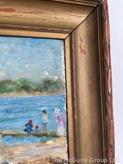 Framed Oil on Canvas Beach Scene Entitled "Pleasure Seekers" by Artist Lilian Giffen. Originally shown at The Buffalo Society of Artists, NY. Right side edge of canvas has separated from frame.  9 x 16 1/2"