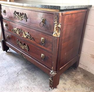 Regency Style Ormolu-Mounted Commode Chest of Drawers with Marble Top.  Crack in Marble and Missing Veneer.  51" x 26" x 38"