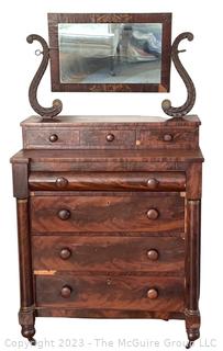 Federal Period Mahogany Dresser with Mirror.  Some veneer damage.  35" x 42" x 69".