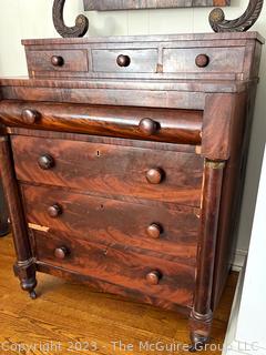 Federal Period Mahogany Dresser with Mirror.  Some veneer damage.  35" x 42" x 69".