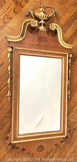 French Regency Mirror Marquetry Wood Frame and Gold Urn Topper. 23" x 52".