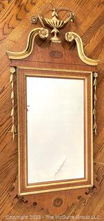 French Regency Mirror Marquetry Wood Frame and Gold Urn Topper. 23" x 52".