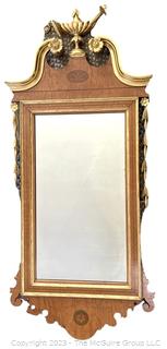 French Regency Mirror Marquetry Wood Frame and Gold Urn Topper. 23" x 52".