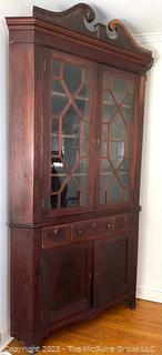 Georgian Mahogany Chippendale Corner Cupboard Cabinet with Glass Doors.  95" tall, 54" wide, 23" deep.  One decorative panel loose