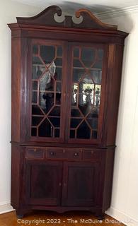 Georgian Mahogany Chippendale Corner Cupboard Cabinet with Glass Doors.  95" tall, 54" wide, 23" deep.  One decorative panel loose