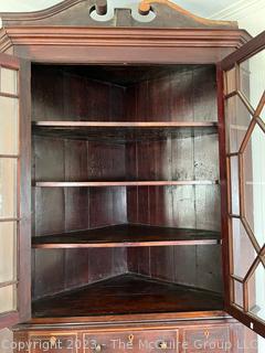 Georgian Mahogany Chippendale Corner Cupboard Cabinet with Glass Doors.  95" tall, 54" wide, 23" deep.  One decorative panel loose