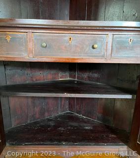 Georgian Mahogany Chippendale Corner Cupboard Cabinet with Glass Doors.  95" tall, 54" wide, 23" deep.  One decorative panel loose