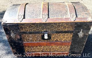 19th Century Pressed Tin and Wood Humpback Steamer Trunk with Lift Out Tray. 26" x 15" x 16"