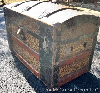 19th Century Pressed Tin and Wood Humpback Steamer Trunk with Lift Out Tray. 26" x 15" x 16"