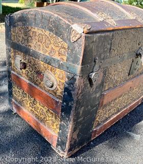 19th Century Pressed Tin and Wood Humpback Steamer Trunk with Lift Out Tray. 26" x 15" x 16"