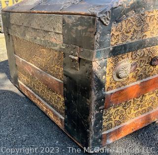 19th Century Pressed Tin and Wood Humpback Steamer Trunk with Lift Out Tray. 26" x 15" x 16"