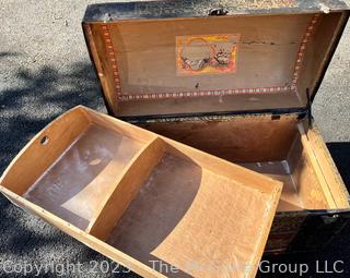 19th Century Pressed Tin and Wood Humpback Steamer Trunk with Lift Out Tray. 26" x 15" x 16"