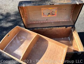 19th Century Pressed Tin and Wood Humpback Steamer Trunk with Lift Out Tray. 26" x 15" x 16"