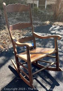 Shaker Style Rocking Chair with Ladder Back and Rush Seat and Arms