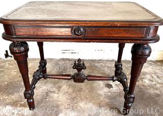 Antique Carved Wine Table with Drawer, Leather Covered Top and Finial.  34" x 22" x 30"