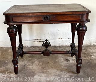 Antique Carved Wine Table with Drawer, Leather Covered Top and Finial.  34" x 22" x 30"