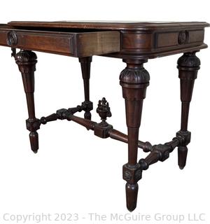 Antique Carved Wine Table with Drawer, Leather Covered Top and Finial.  34" x 22" x 30"