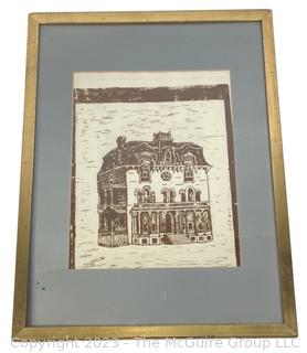 Framed Under Glass Print of Washington Club House, Milton A Bleier.  21" x 29"