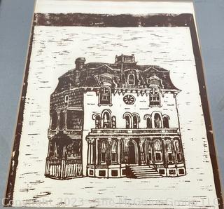 Framed Under Glass Print of Washington Club House, Milton A Bleier.  21" x 29"