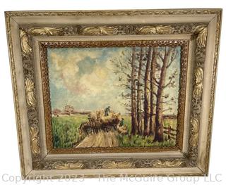 Framed Oil on Canvas of Farmer Harvesting Hay, Unsigned.  29" x 25".