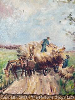 Framed Oil on Canvas of Farmer Harvesting Hay, Unsigned.  29" x 25".