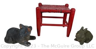 Red Caned Stool, Cement Garden Cat and Bunny.