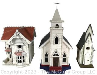 Three (3) Victorian House and Church Shaped Wooden Bird Houses.