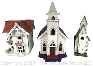 Three (3) Victorian House and Church Shaped Wooden Bird Houses.