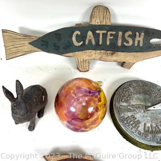 Three (3) Wooden Fish Signed, Bunny Figure, Glass Garden Ornament and Sun Dial.