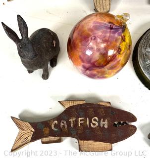 Three (3) Wooden Fish Signed, Bunny Figure, Glass Garden Ornament and Sun Dial.