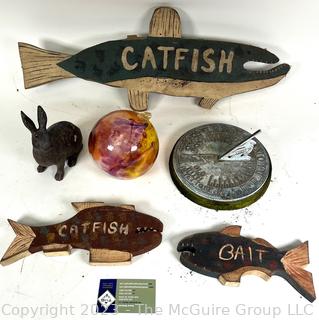 Three (3) Wooden Fish Signed, Bunny Figure, Glass Garden Ornament and Sun Dial.