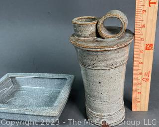 Two (2) Pieces of Hand Thrown Asian Stoneware Ceramics with Crackle Glaze Including Jug and Planter. 
 