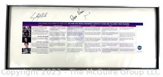 Framed Under Glass NASA Poster: Five World Renowned Scientists Followed Their Passions, Signed by Robert Ballard, Sally Ride and Dean Kamen.  Some signatures have faded.   26 x 11"