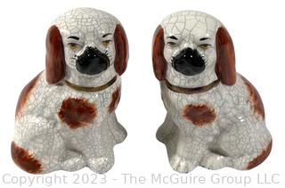 Pair of Antique Brown & White Staffordshire Dogs with Porcelain Mark on Base.