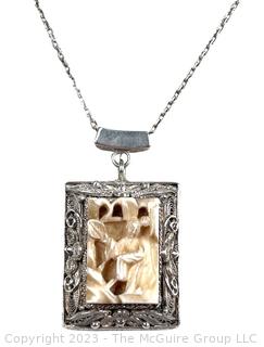 Asian Carved Bone Pendant in Sterling Silver Frame Bezel on 28" Sterling Chain. 