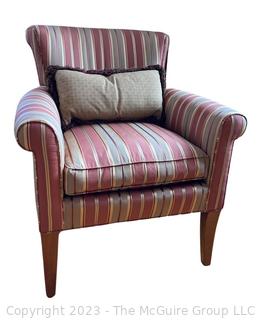 Stickley Fine Upholstery Club Arm Chair in Gold, Oyster and Red Stripes.  31 x 30 x 34 1/2"T