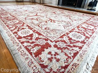 Persian Heriz Wool Hand Woven Rug on Red Ground. Measures 74" x108"